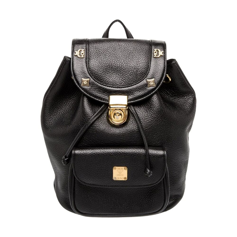 EUC Vintage MCM Black Pebbled Leather Drawstring Backpack